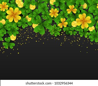 Saint Patrick Day horizontal seamless border with golden shimmer,green,gold four,three Leaf clovers and golden coins on black background. Party invitation template.Lucky symbol vector illustration