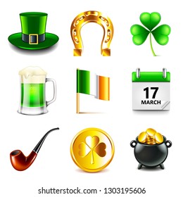Saint Patrick day icons detailed photo realistic vector set