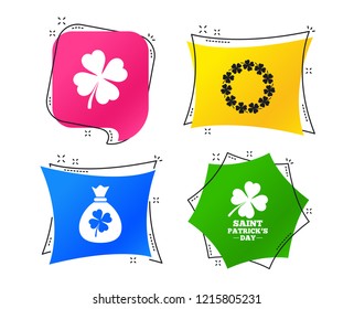 Saint Patrick day icons. Money bag with clover sign. Wreath of quatrefoil clovers. Symbol of good luck. Geometric colorful tags. Banners with flat icons. Trendy design. Vector
