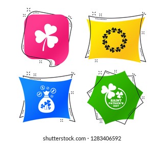 Saint Patrick day icons. Money bag with clover sign. Wreath of trefoil shamrock clovers. Symbol of good luck. Geometric colorful tags. Banners with flat icons. Trendy design. Vector