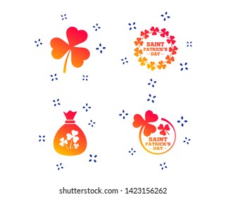 Saint Patrick day icons. Money bag with clover sign. Wreath of trefoil shamrock clovers. Symbol of good luck. Random dynamic shapes. Gradient patrick icon. Vector