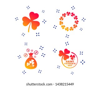Saint Patrick day icons. Money bag with clover sign. Wreath of trefoil shamrock clovers. Symbol of good luck. Random dynamic shapes. Gradient clover icon. Vector