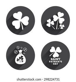 Saint Patrick day icons. Money bag with clover and coins sign. Trefoil shamrock clover. Symbol of good luck. Circles buttons with long flat shadow. Vector