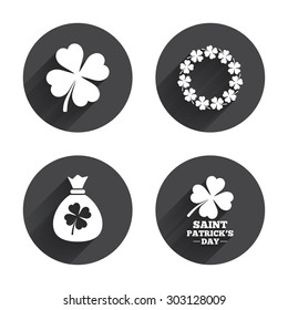 Saint Patrick day icons. Money bag with clover sign. Wreath of quatrefoil clovers. Symbol of good luck. Circles buttons with long flat shadow. Vector