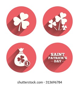 Saint Patrick day icons. Money bag with clover and coin sign. Trefoil shamrock clover. Symbol of good luck. Pink circles flat buttons with shadow. Vector