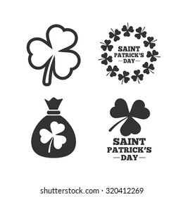 Saint Patrick day icons. Money bag with clover sign. Wreath of trefoil shamrock clovers. Symbol of good luck. Flat icons on white. Vector