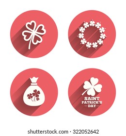 Saint Patrick day icons. Money bag with clover sign. Wreath of quatrefoil clovers. Symbol of good luck. Pink circles flat buttons with shadow. Vector