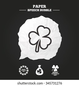 Saint Patrick day icons. Money bag with clover sign. Wreath of trefoil shamrock clovers. Symbol of good luck. Paper speech bubble with icon.