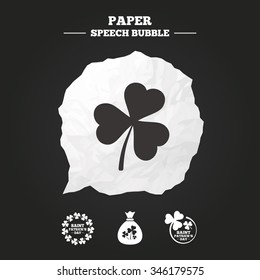 Saint Patrick day icons. Money bag with clover sign. Wreath of trefoil shamrock clovers. Symbol of good luck. Paper speech bubble with icon.