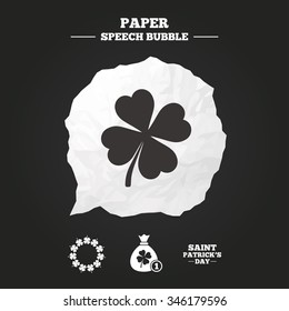 Saint Patrick day icons. Money bag with coin and clover sign. Wreath of quatrefoil clovers. Symbol of good luck. Paper speech bubble with icon.