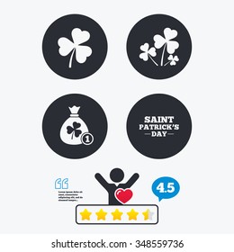 Saint Patrick day icons. Money bag with clover and coin sign. Trefoil shamrock clover. Symbol of good luck. Star vote ranking. Client like and think bubble. Quotes with message.