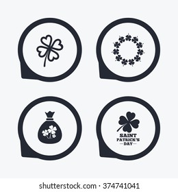 Saint Patrick day icons. Money bag with clover sign. Wreath of quatrefoil clovers. Symbol of good luck. Flat icon pointers.