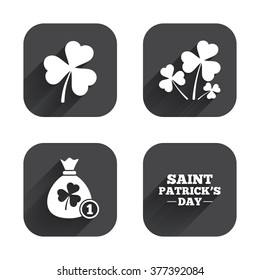 Saint Patrick day icons. Money bag with clover and coin sign. Trefoil shamrock clover. Symbol of good luck. Square flat buttons with long shadow.