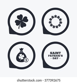 Saint Patrick day icons. Money bag with coin and clover sign. Wreath of quatrefoil clovers. Symbol of good luck. Flat icon pointers.