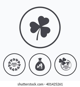 Saint Patrick day icons. Money bag with clover sign. Wreath of trefoil shamrock clovers. Symbol of good luck. Icons in circles.