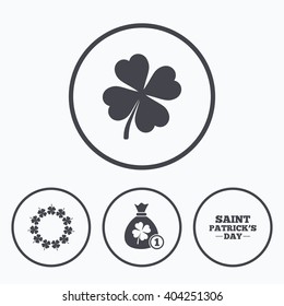 Saint Patrick day icons. Money bag with coin and clover sign. Wreath of quatrefoil clovers. Symbol of good luck. Icons in circles.