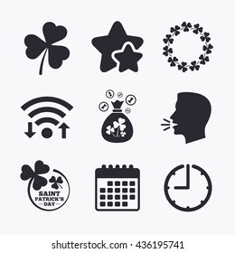 Saint Patrick day icons. Money bag with clover sign. Wreath of trefoil shamrock clovers. Symbol of good luck. Wifi internet, favorite stars, calendar and clock. Talking head. Vector