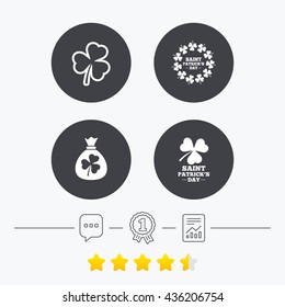 Saint Patrick day icons. Money bag with clover sign. Wreath of trefoil shamrock clovers. Symbol of good luck. Chat, award medal and report linear icons. Star vote ranking. Vector
