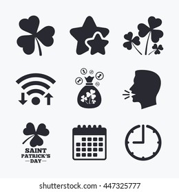 Saint Patrick day icons. Money bag with clover and coins sign. Trefoil shamrock clover. Symbol of good luck. Wifi internet, favorite stars, calendar and clock. Talking head. Vector