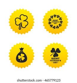 Saint Patrick day icons. Money bag with clover sign. Wreath of trefoil shamrock clovers. Symbol of good luck. Yellow stars labels with flat icons. Vector