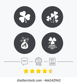 Saint Patrick day icons. Money bag with clover and coins sign. Trefoil shamrock clover. Symbol of good luck. Chat, award medal and report linear icons. Star vote ranking. Vector