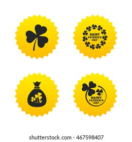 Saint Patrick day icons. Money bag with clover sign. Wreath of trefoil shamrock clovers. Symbol of good luck. Yellow stars labels with flat icons. Vector