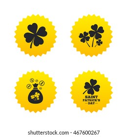 Saint Patrick day icons. Money bag with clovers and coins sign. Symbol of good luck. Yellow stars labels with flat icons. Vector