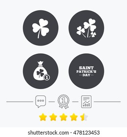 Saint Patrick day icons. Money bag with clover and coin sign. Trefoil shamrock clover. Symbol of good luck. Chat, award medal and report linear icons. Star vote ranking. Vector