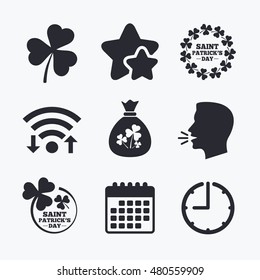 Saint Patrick day icons. Money bag with clover sign. Wreath of trefoil shamrock clovers. Symbol of good luck. Wifi internet, favorite stars, calendar and clock. Talking head. Vector