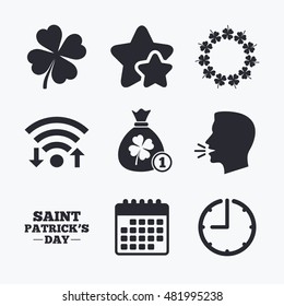 Saint Patrick day icons. Money bag with coin and clover sign. Wreath of quatrefoil clovers. Symbol of good luck. Wifi internet, favorite stars, calendar and clock. Talking head. Vector