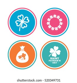 Saint Patrick day icons. Money bag with clover sign. Wreath of quatrefoil clovers. Symbol of good luck. Colored circle buttons. Vector