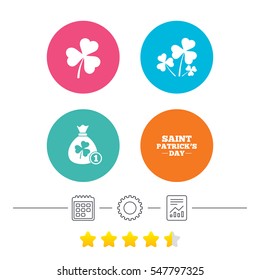 Saint Patrick day icons. Money bag with clover and coin sign. Trefoil shamrock clover. Symbol of good luck. Calendar, cogwheel and report linear icons. Star vote ranking. Vector