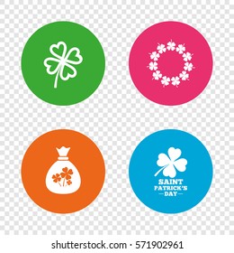 Saint Patrick day icons. Money bag with clover sign. Wreath of quatrefoil clovers. Symbol of good luck. Round buttons on transparent background. Vector