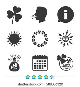 Saint Patrick day icons. Money bag with clover sign. Wreath of trefoil shamrock clovers. Symbol of good luck. Information, go to web and calendar icons. Sun and loud speak symbol. Vector
