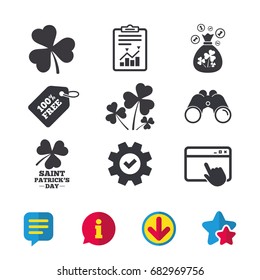 Saint Patrick day icons. Money bag with clover and coins sign. Trefoil shamrock clover. Symbol of good luck. Browser window, Report and Service signs. Binoculars, Information and Download icons