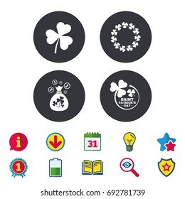 Saint Patrick day icons. Money bag with clover sign. Wreath of trefoil shamrock clovers. Symbol of good luck. Calendar, Information and Download signs. Stars, Award and Book icons. Vector