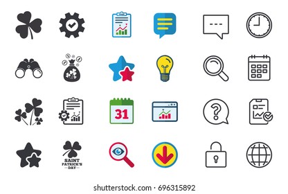 Saint Patrick day icons. Money bag with clover and coins sign. Trefoil shamrock clover. Symbol of good luck. Chat, Report and Calendar signs. Stars, Statistics and Download icons. Vector
