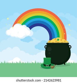 Saint patrick day illustration with rainbow and pot with coins