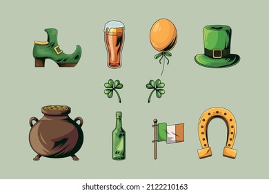 Ilustración del día de San Patricio. st patrick leprechaun zapatos cerveza botella de cerveza folletos de suerte irish celtic pub vibe