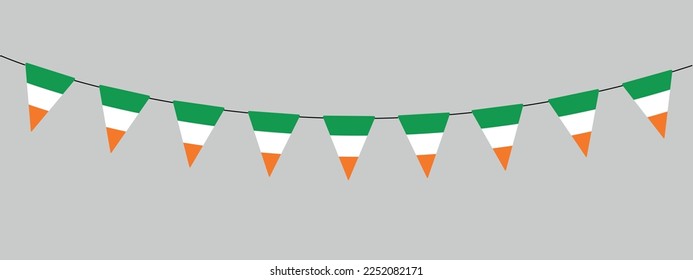 saint patrick day, ireland, bunting garland, string of triangular flags national colors, pennant, irish carnaval decoration, retro style vector illustration