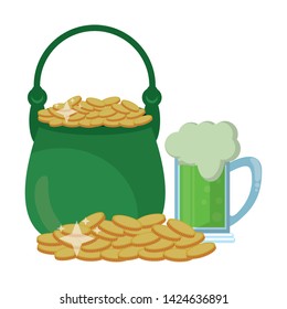 saint patrick day irish celebration pot with golden coins and beer vector illustration graphic design