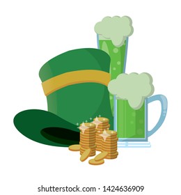 saint patrick day irish celebration leprechaun hat, beer and golden coin vector illustration graphic design
