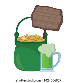saint patrick day irish celebration pot with golden coins, wooden sign and beer vector illustration graphic design