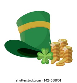saint patrick day irish celebration leprechaun hat, golden coin and clover vector illustration graphic design
