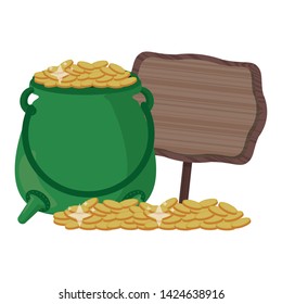 saint patrick day irish celebration pot with golden coins and wooden sign vector illustration graphic design