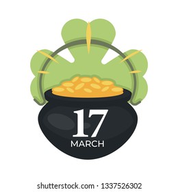 Saint Patrick day Irish holiday gold coins in cauldron and clover Ireland tradition kettle and wealth national festival leprechaun treasure emblem or logo celebration and congratulation customs