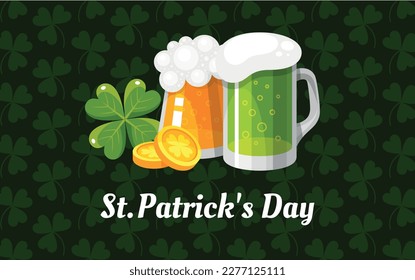 Saint Patrick Day Irish national holiday banner design template beer green clover coin isometric vector illustration. Greeting lucky fortune shamrock Celtic festive celebration Ireland culture poster