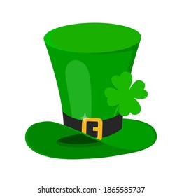 Saint Patrick Day leprechaun green hat with shamrock clover leaf icon flat style design vector illustration isolated on white background.