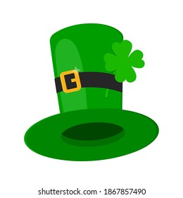 Saint Patrick Day leprechaun green hat with shamrock clover four leaf lucky icon flat style design vector illustration isolated on white background.
