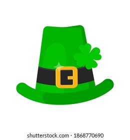 Saint Patrick Day leprechaun green hat with shamrock clover leaf icon flat style design vector illustration isolated on white background.